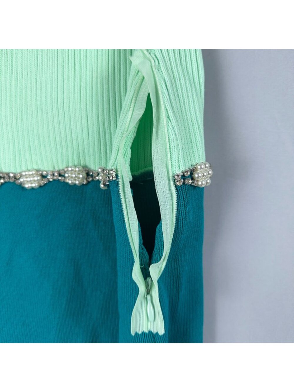 Zara Jewel Appliqué Dress Size Medium Mint Teal Sleeveless Rhinestone Pearl Trim - Picture 8 of 14